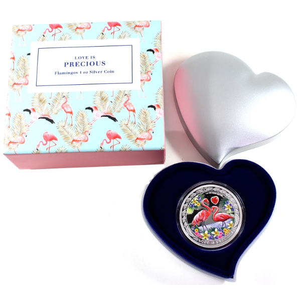 Niue Silver 2021 $2 Love is Precious Flamingos 1oz .999 Fine Silver Coin w/ Selective Colour