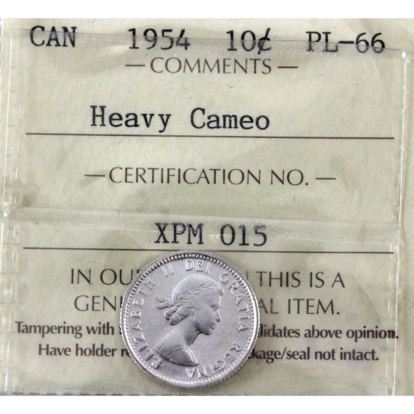 10-cent 1954 ICCS PL66 Heavy Cameo