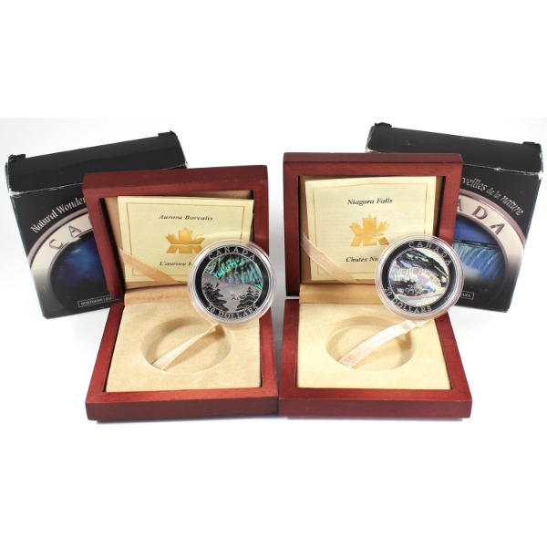 2003 Niagara Falls & 2004 Aurora Borealis $20 Natural Wonders Hologram Fine Silver Coins. 2pcs