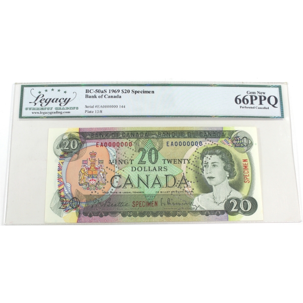 BC-50aS 1969 $20 SPECIMEN Legacy GEM UNC66 PPQ Beattie-Rasminsky SN: EA0000000 144