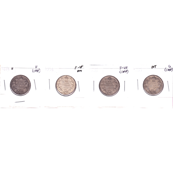25-cent 1874H-1936 G to F-VF in 4-Pocket Sheet. 4pcs.