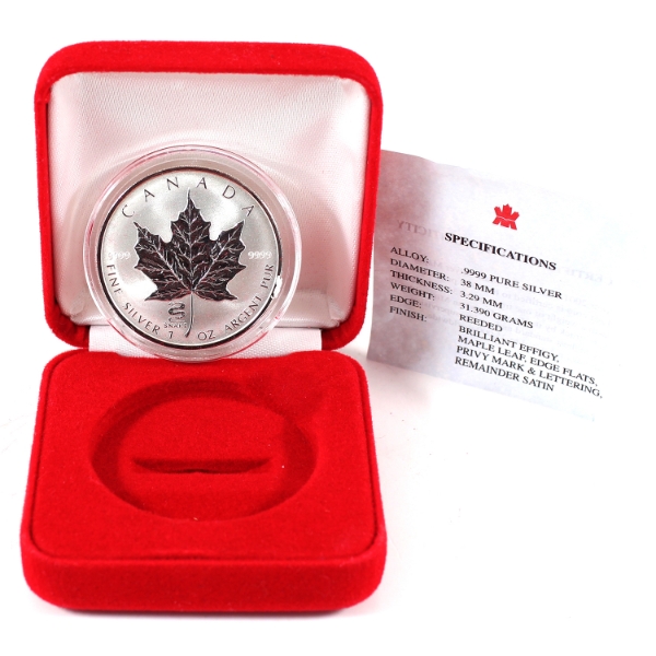 2001 $5 Silver Maple Leaf 1oz .9999 Fine Silver Coin w/ Year of the Snake Privy Mark (Tax Exempt)