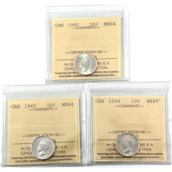 10-cent 1942, 1943, & 1944 ICCS MS64. 3pcs.