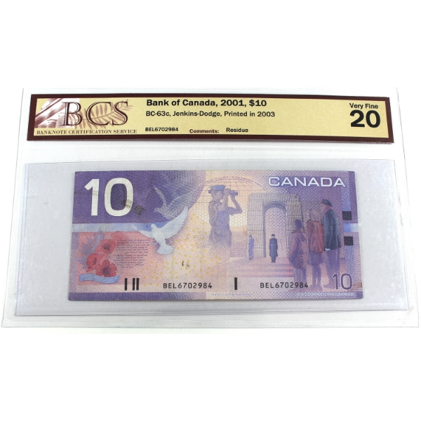 BC-63c 2001 $10 BEL prefix BCS VF20 Jenkins-Dodge Printed in 2003 SN:BEL6702984