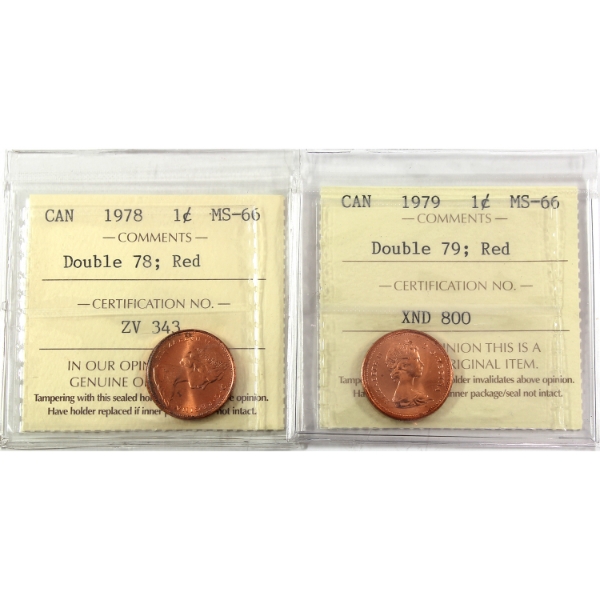1-cent 1978 Dbl 78 & 1979 Dbl 79 ICCS MS66 Red. 2pcs.