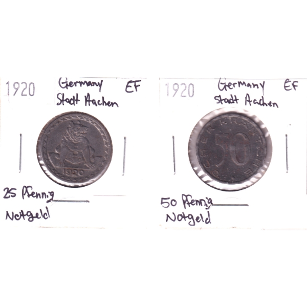Pair of Germany 1920 Stadt Aachen 25 Pfennig & 50 Pfennig Notgeld Currency. 2pcs