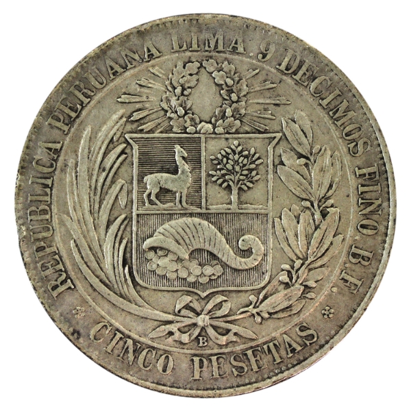Peru Silver 1880 BF 5 Pesetas B No Dot EF 