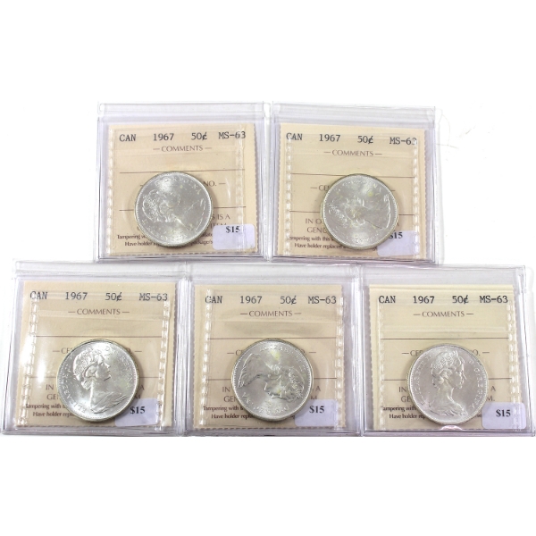 50-cent 5x 1967 ICCS MS63. 5pcs