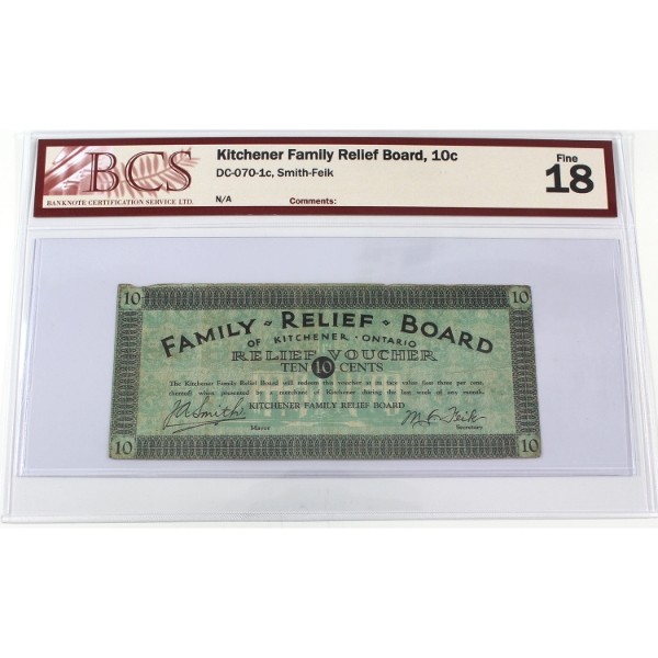 DC-070-1c 10-cent Kitchener Family Relief Board, Ontario Relief Voucher BCS F18 Smith-Feik