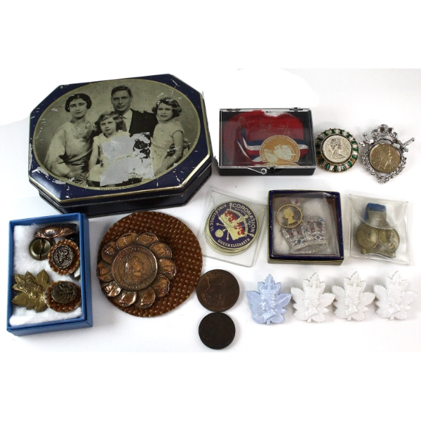 Bulk Collection of 22x Assorted Memorabilia Including A Tin, Coins, Pins and More. 22pcs