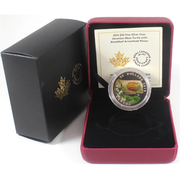 2015 $20 Venetian Glass Turtle & Arrowhead Flower 1oz .9999 Fine Silver Coin (Tax Exempt)