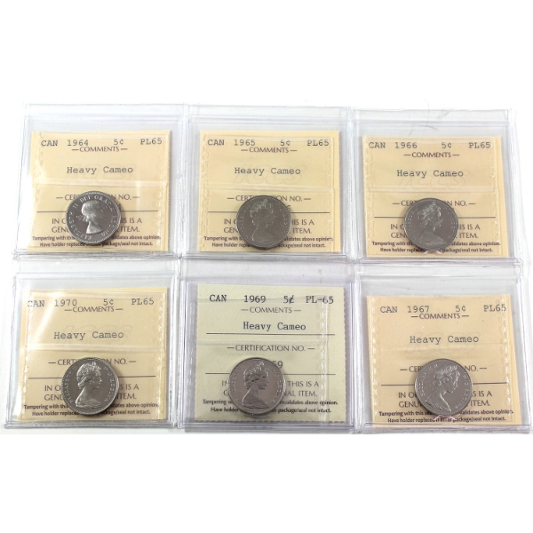 5-cent 1964, 1965, 1966, 1967, 1969, & 1970 ICCS PL65 HC. 6pcs