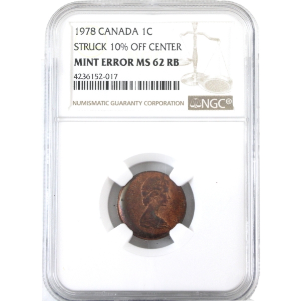 ERROR 1-cent 1978 Struck 10% Off Center Mint Error NGC MS62 Red & Brown