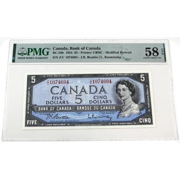 BC-39b 1954 $5 Modified Portrait PMG CUNC58 EPQ Beattie-Rasminsky SN: Z/C1074694