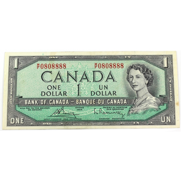 BC-37c 1954 $1 Neat Number SN: M/F0808888 VF-EF Bouey-Rasminsky