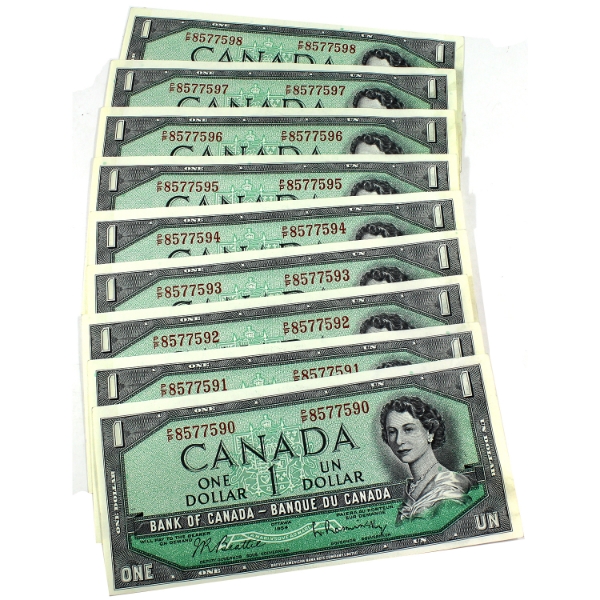 9x BC-37b-i 1954 $1 Modified Portrait Consecutive Beattie-Rasminsky SN: P/P8577590-"98. 9pcs.