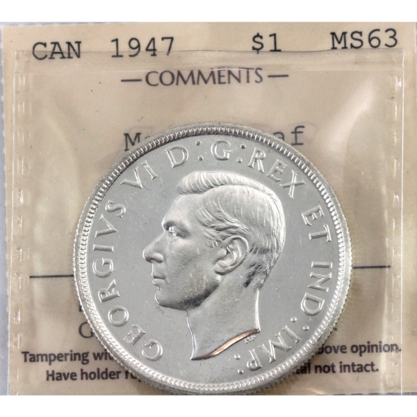 Silver $1 1947 Maple Leaf ICCS MS63