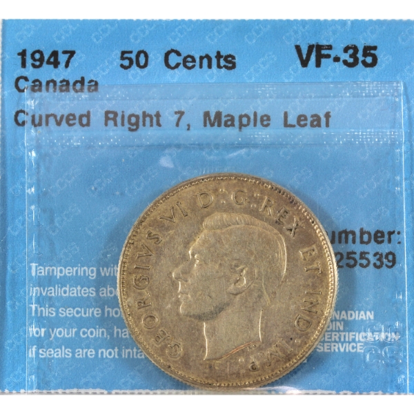 50-cent 1947 Maple Leaf; Curved Right 7 CCCS VF35