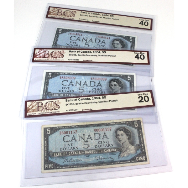3x 1954 $5 Modified Portrait BCS VF20 to EF40. 3pcs. 