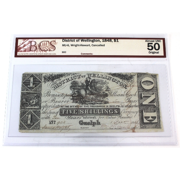 Guelph MU-6 1848 5s District of Wellington BCS AU50 Original Wright-Hewat, Cancelled