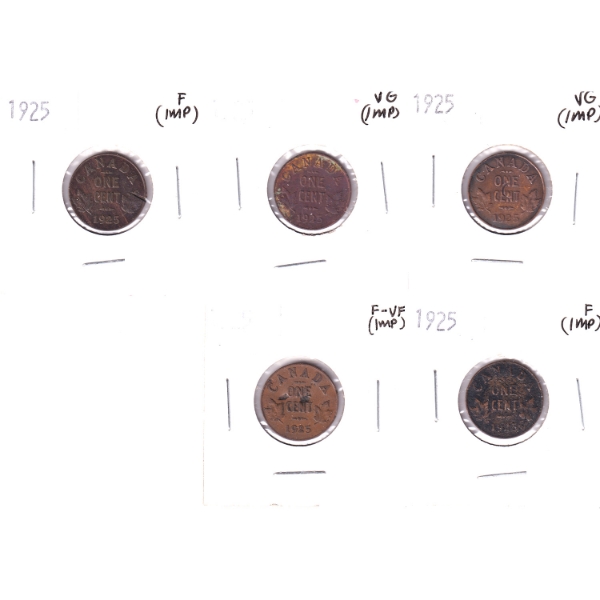 1-cent 1925 VG to F-VF. (Impaired) 5pcs.