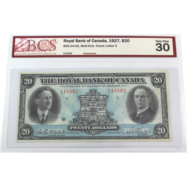630-14-10 1927 $20 Royal Bank of Canada BCS VF30 Neill-Holt SN: 141602 Check Letter C
