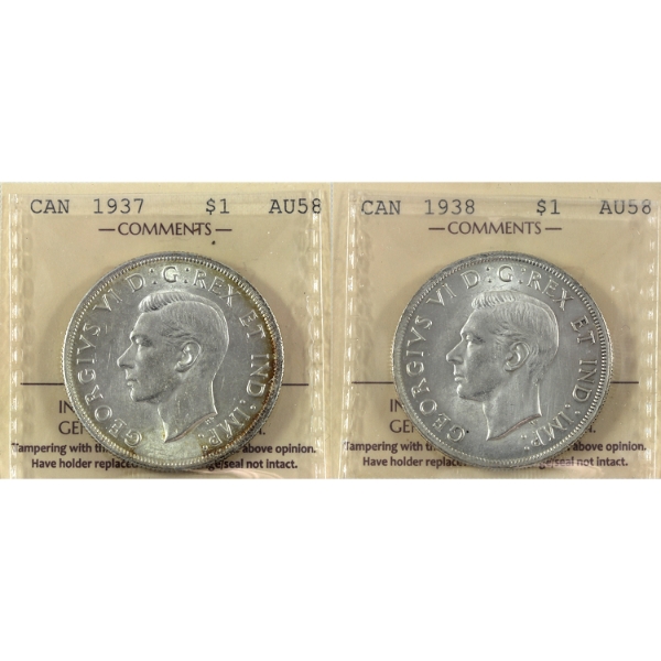 Silver $1 1937 & 1938 ICCS AU58. 2pcs.
