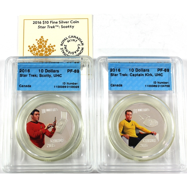 2016 $10 Star Trek: Captain Kirk & Scotty 1/2oz .9999 Fine Silver Coins CCCS PF69. 2pcs.
