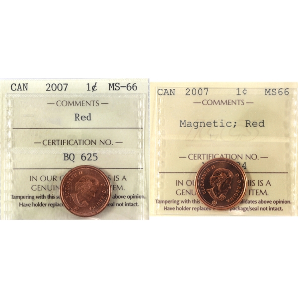 1-cent 2007 ICCS MS66 Red. 2pcs.