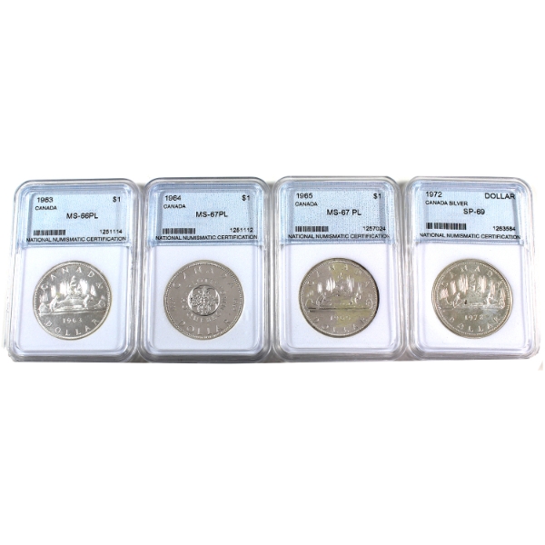 Silver $1 1963 MS66 PL, 1964 MS67 PL, 1965 MS67 PL & 1972 SP69. All NNC Certified. 4pcs
