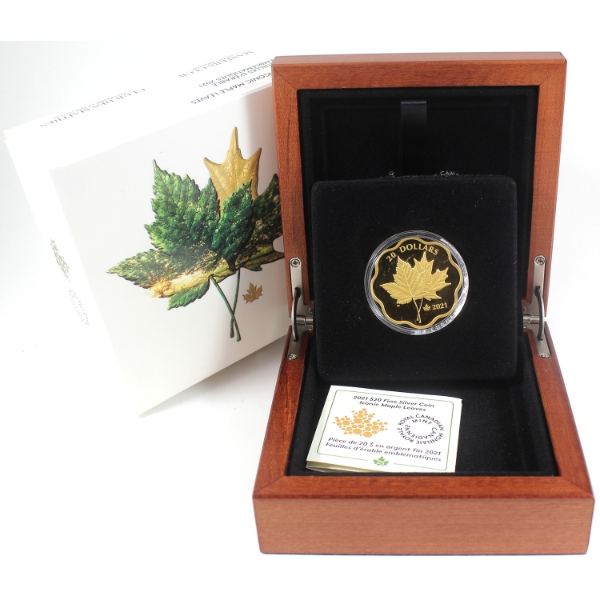 2021 $20 Iconic Maple Leaves 26.51g .9999 Fine Silver w/ Gold Plating (No Tax)