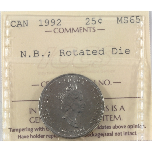 ERROR 25-cent 1992 New Brunswick; Rotated Die 135 degrees ICCS MS65