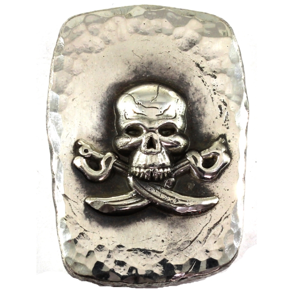 2oz RSSC Hammered & Antiqued Skull With Swords .999 Fine Silver Bar (Tax Exempt)