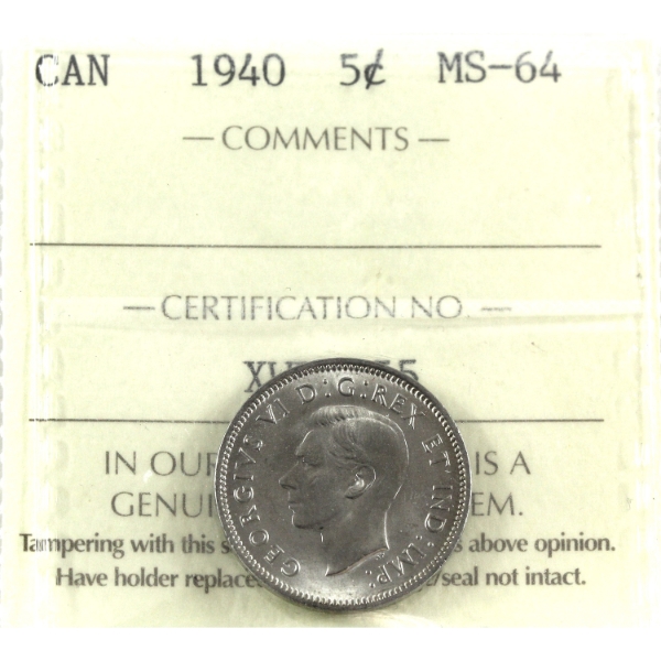 5-cent 1940 ICCS MS64 