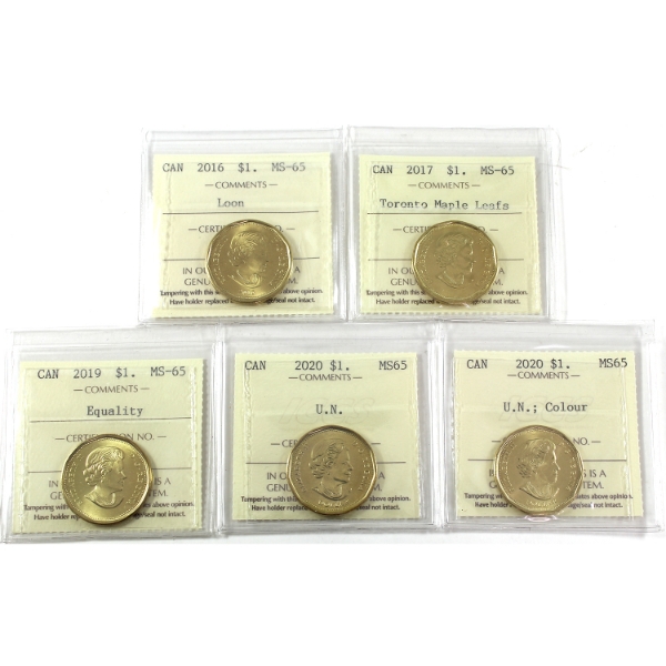 Loon $1 2016-2020 ICCS MS65. 5pcs.