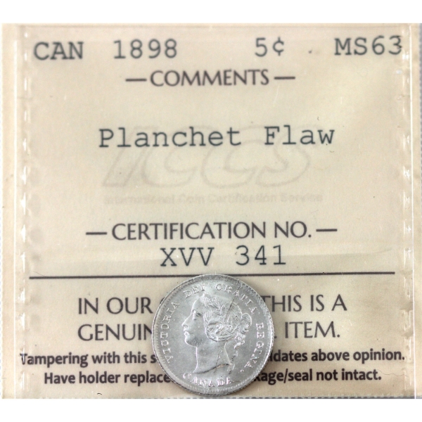 ERROR 5-cent 1898 ICCS MS63 (Planchet Flaw)