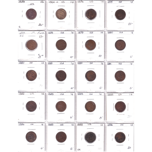 Bulk Collection of USA 1-cent 1859-1909 in 20-Pocket Sheets. 28pcs.