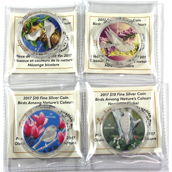 Group Lot of 2017 $10 Birds Among Nature's Colours Fine Silver Coins. 4pcs. (Tax Exempt)