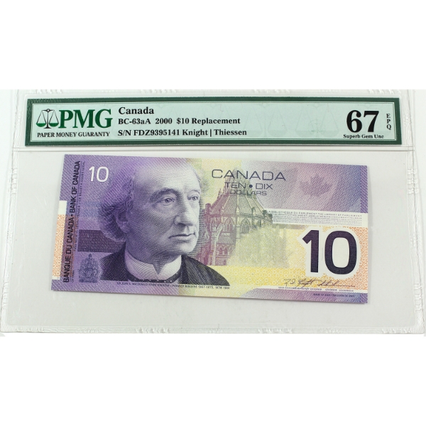 BC-63aA 2000 $10 FDZ Replacement PMG Superb GEM UNC67 EPQ Knight-Thiessen SN: FDZ9395141