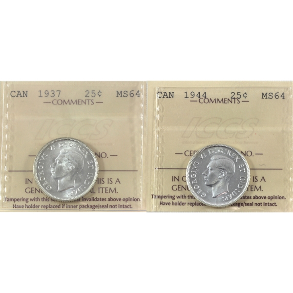 25-cent 1937 & 1944 ICCS MS64. 2pcs.