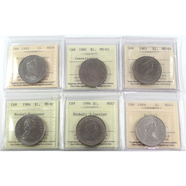 6x Nickel $1 1982 Voyageur, 1982 Constitution, 1983, 1984 Voyageur, 1984 Cartier, & 1986 ICCS MS65