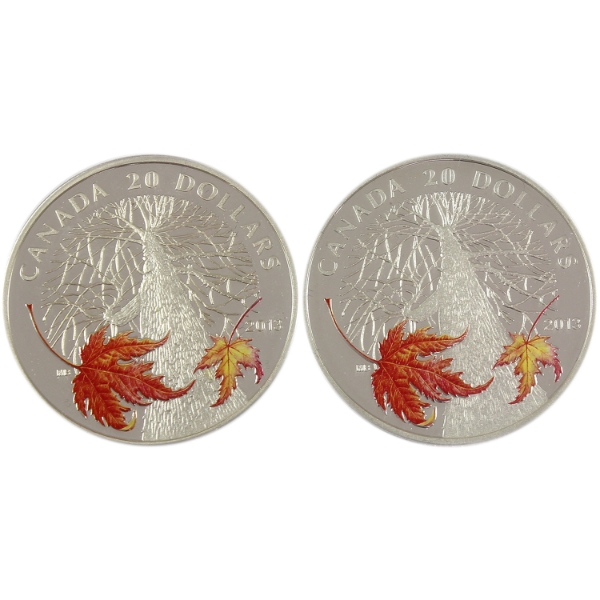 2x 2013 $20 Canadian Maple Canopy - Autumn (#2) .9999 Fine Silver Coins. 2pcs. (Tax Exempt)