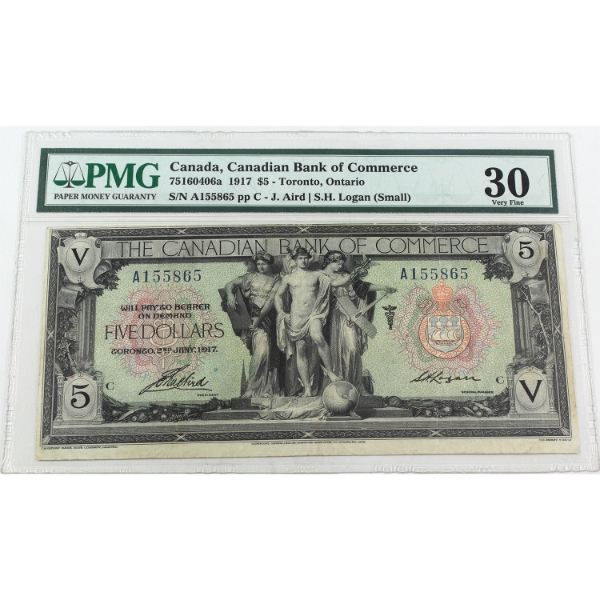 75-16-04-06a 1917 $5 Canadian Bank of Commerce PMG VF30 Aird-Logan Small Signature SN: A155865 ppC