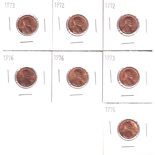 USA 1-cent 1972-1976 w/ Unique Engravings on Obverse Sides. 7pcs.