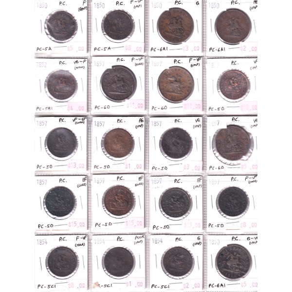 Collection of 20x 1850-1857 Bank of Upper Canada One Penny &  Half Penny Tokens in 20-Pocket Sheet