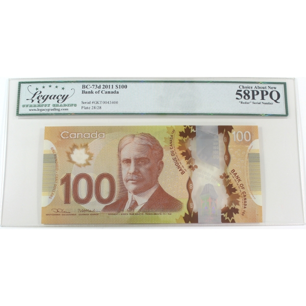 RADAR BC-73d 2011 $100 3-digit RADAR Legacy Choice AU58 PPQ Lane-Macklem SN:GKT0043400