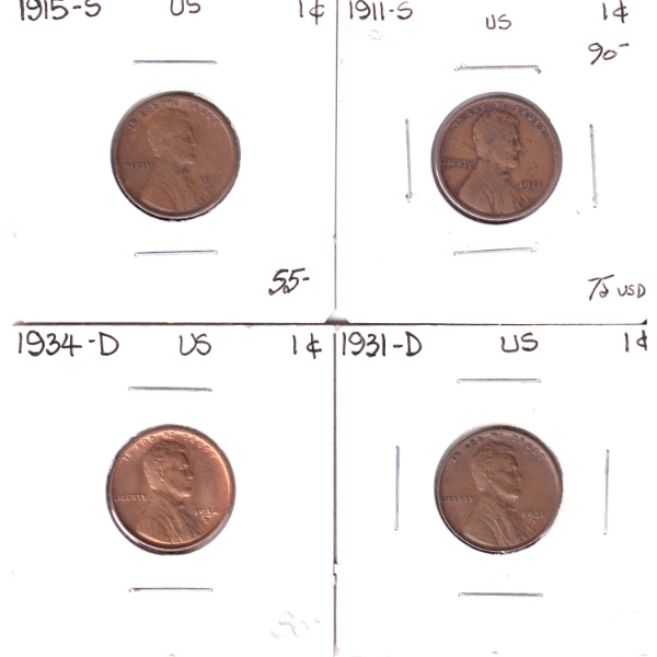Group Lot of USA 1911S-1934D 1-cent Coins. 4pcs.