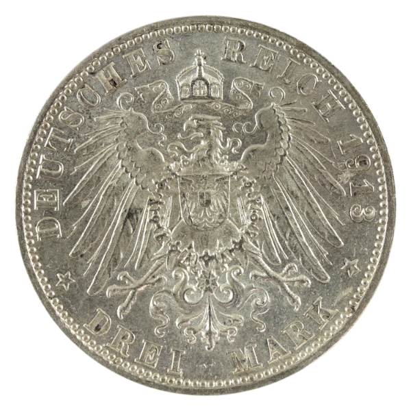 German States-Saxe-Meiningen Silver 1913D 3 Reichsmark AU-UNC
