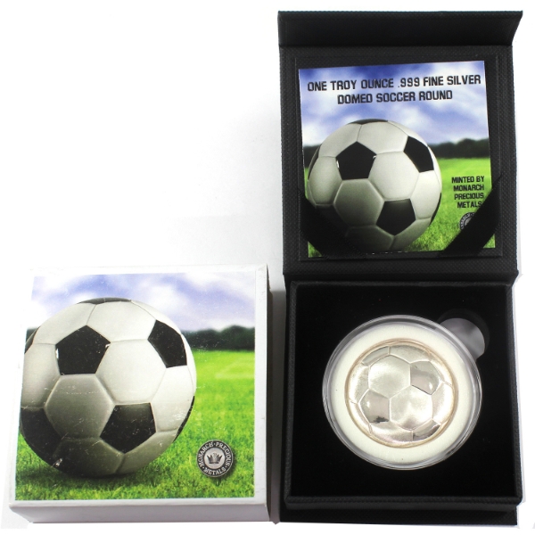 1oz Monarch Precious Medals 3D Curved Soccer Ball .999 Fine Silver Round in Case (Tax Exempt)