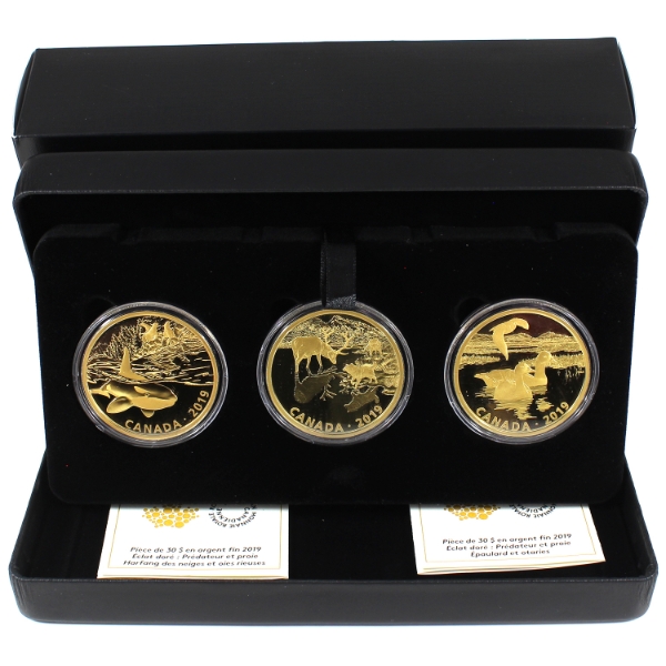 2019 $30 Golden Reflections: Predator and Prey 3-coin Fine Silver w/ Gold Plating Set (Tax Exempt)